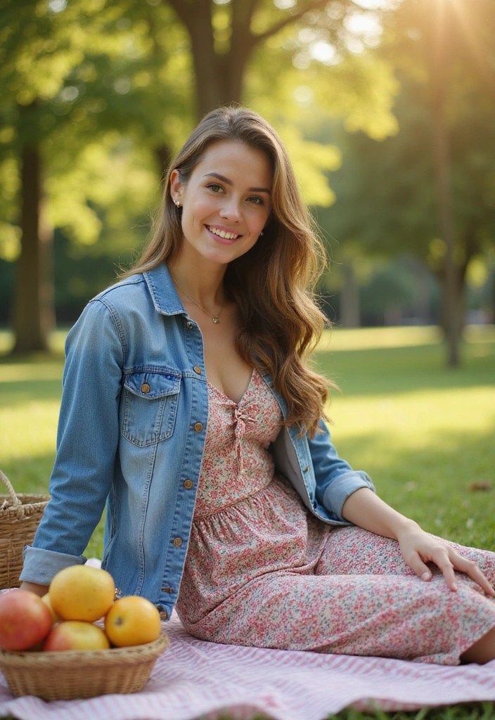 11 Weekend Chic Outfits That Make Dressing Up a Breeze (You’ll Love #2!) - 5. Denim Jacket and Floral Dress Combo